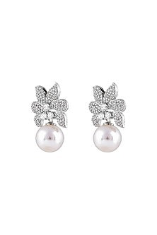 White Finish Cubic Zirconia & Pearl Drop Stud Earrings
