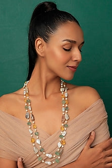 Gold Finish Agate Stone & Quartz Melon Mala