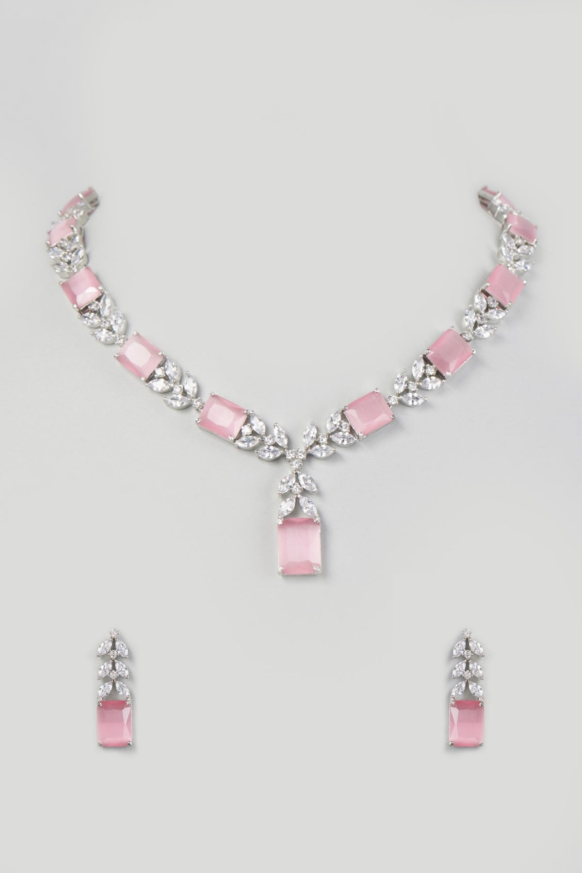 White Finish Pink Quartz Necklace Set