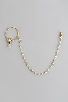 Gold Finish Kundan Polki & Pearl Nose Ring