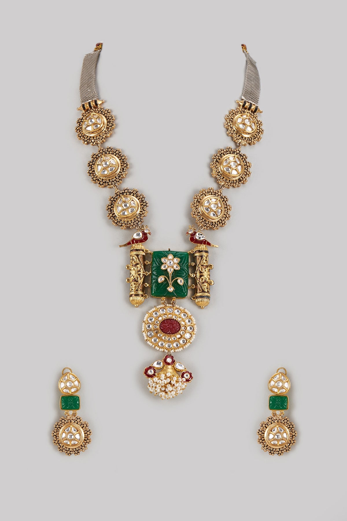 Gold Finish Emerald & Ruby Long Necklace Set