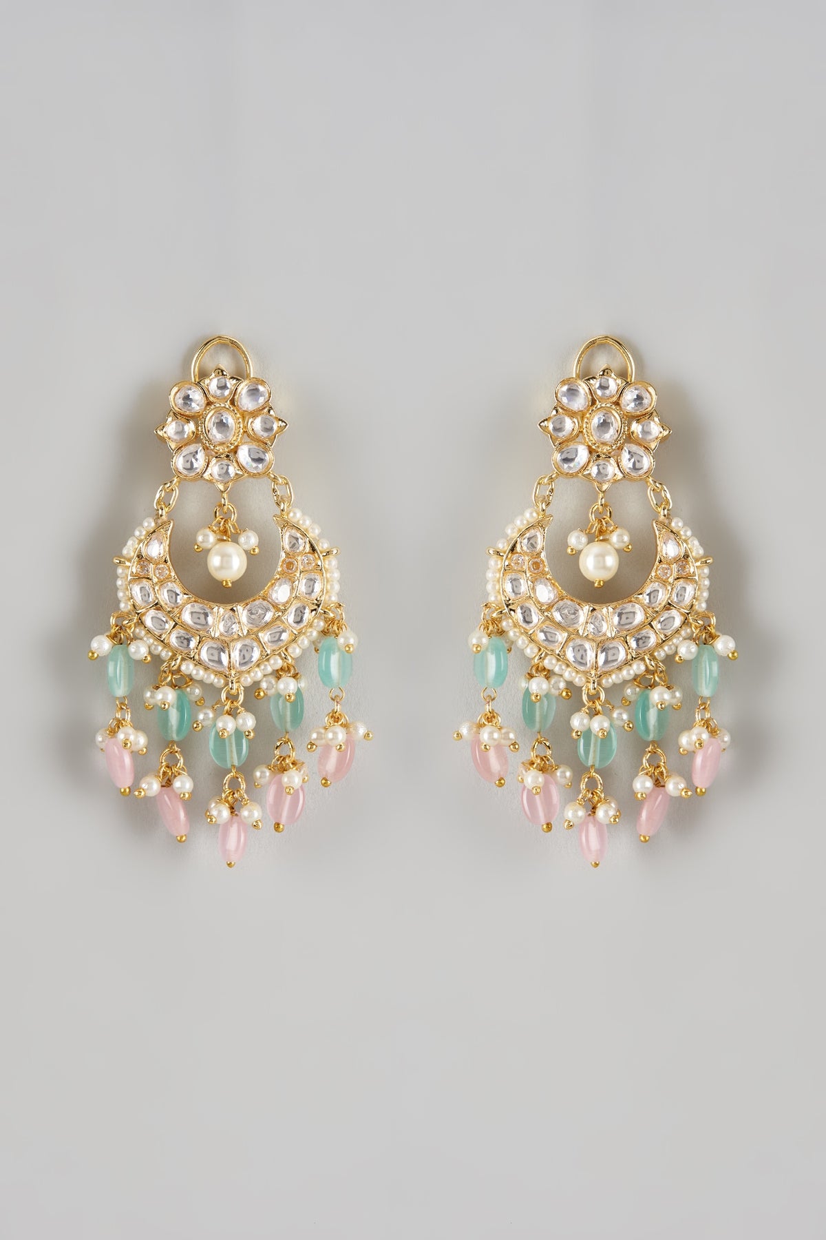 Gold Finish Kundan Polki & Shell Pearl Chandbali Earrings