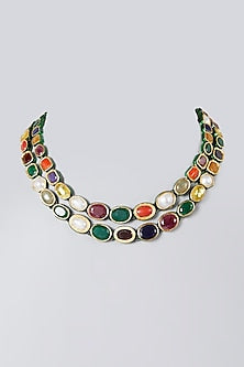 Gold Finish Navratan Necklace