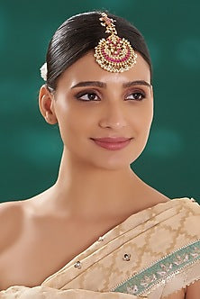 Gold Finish Red Kundan Polki Maangtikka