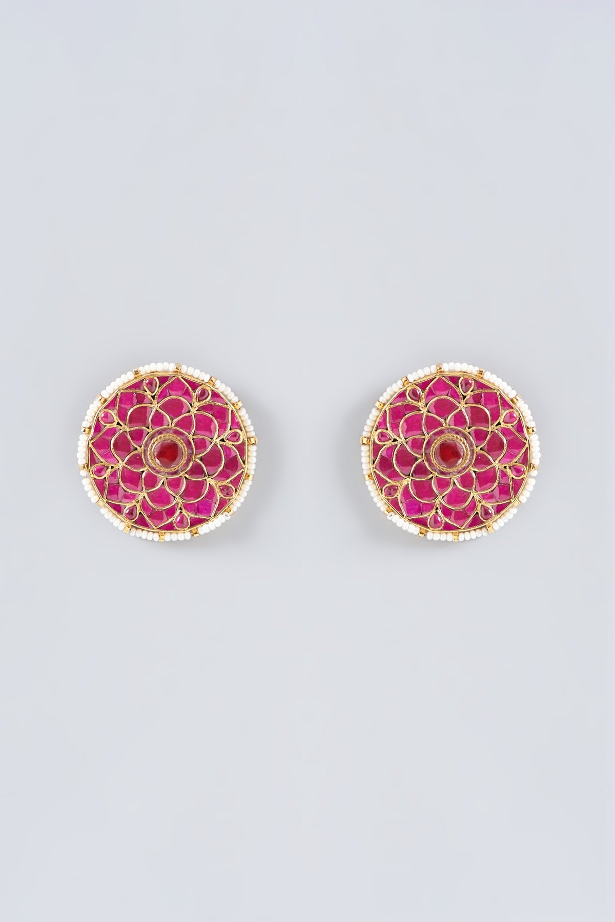 Gold Finish Red Kundan Polki Stud Earrings