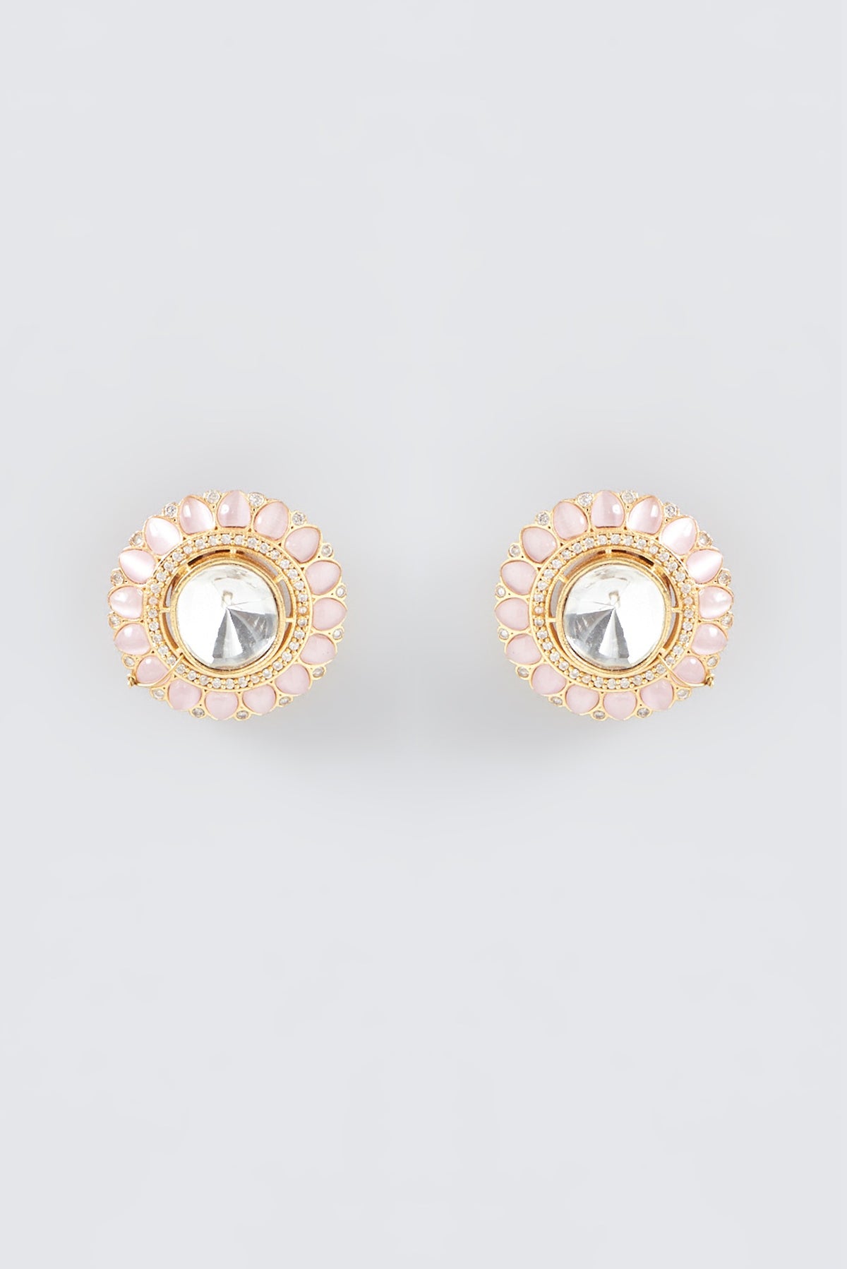 Gold Finish Pink Fluorite Stud Earrings