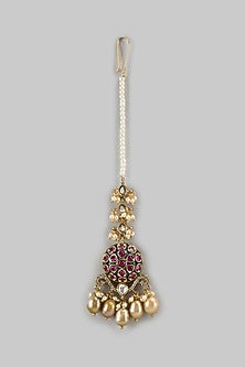 Gold Finish Red Kundan Polki & Pearl Drop Maangtikka