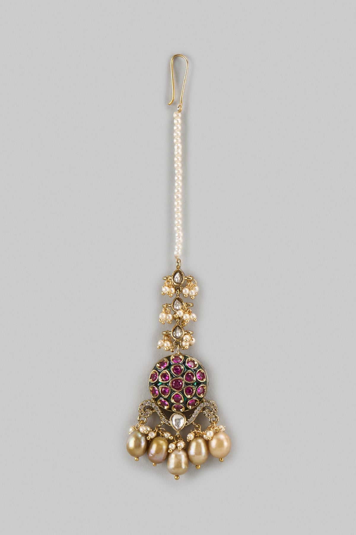 Gold Finish Red Kundan Polki & Pearl Drop Maangtikka