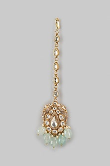 Gold Finish Mint Kundan Polki & Fluorite Drop Maangtikka