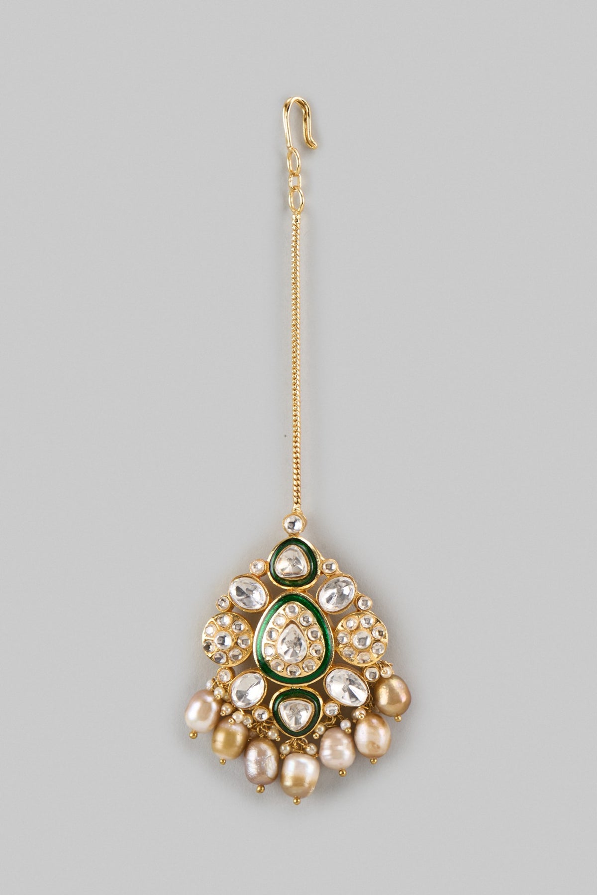 Gold Finish Green Kundan Polki & Pearl Drop Maangtikka