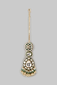 Gold Finish Kundan Polki & Pearl Drop Meenkari Maangtikka
