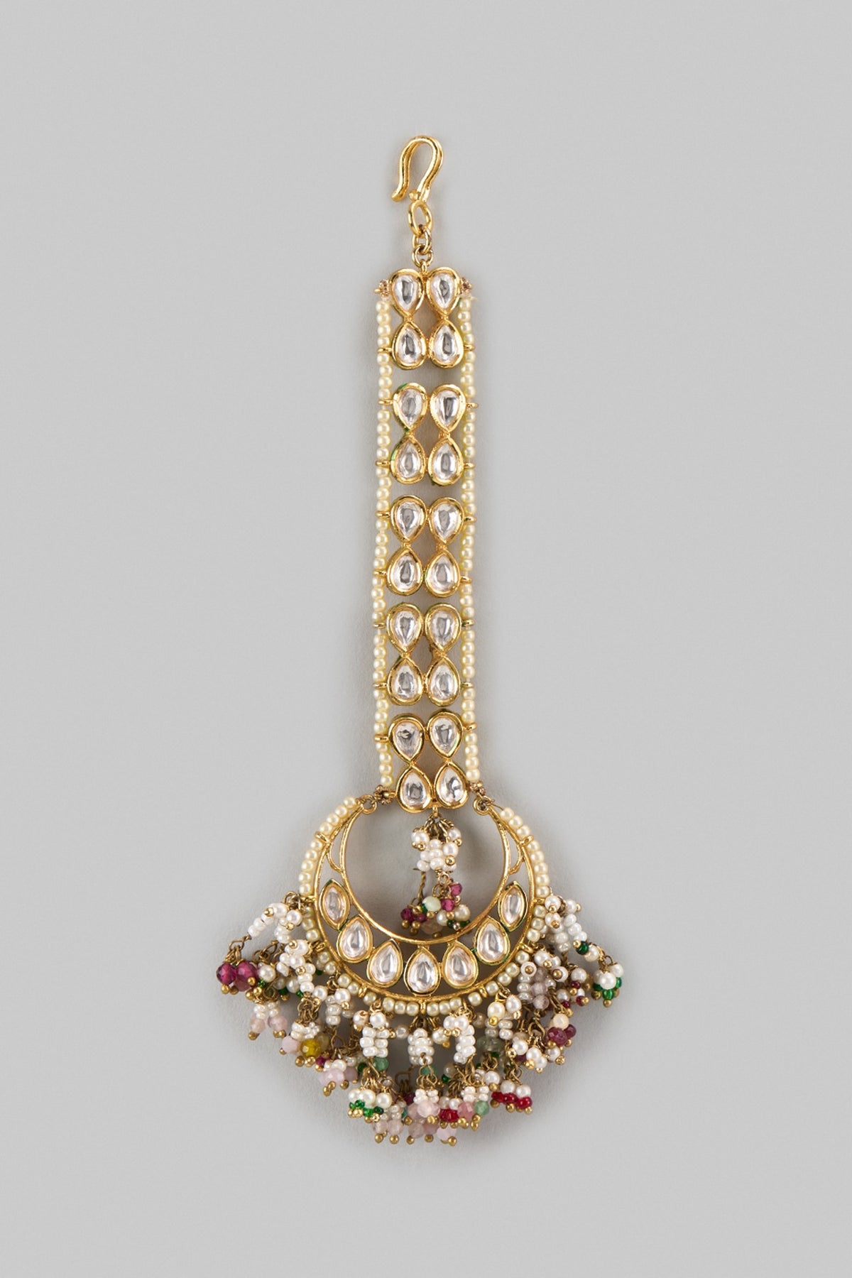 Gold Finish Kundan Polki & Multi-Colored Drop Maangtikka
