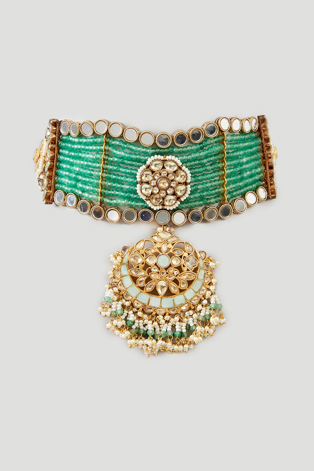 Gold Finish Mint Kundan Polki & Pearl Choker Necklace