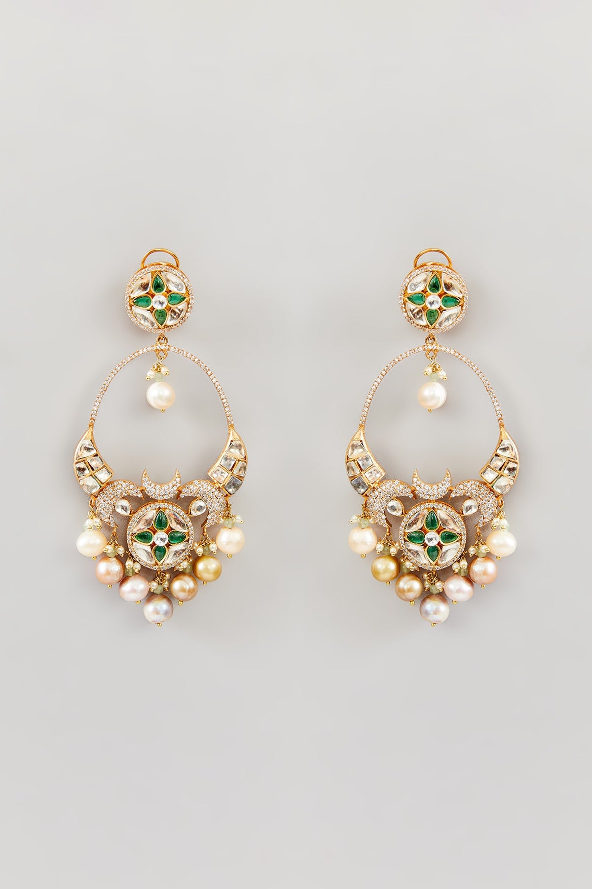 Gold Finish Green Kundan Polki & Pearl Dangler Earrings