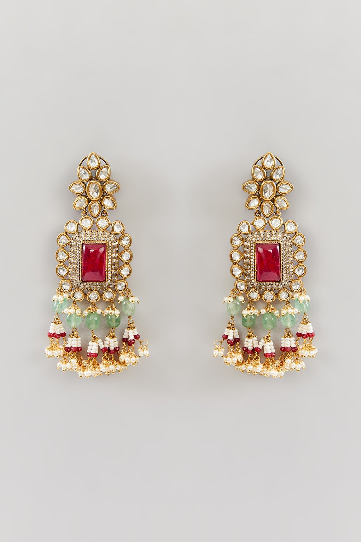 Gold Finish Kundan Polki & Green Drop Dangler Earrings
