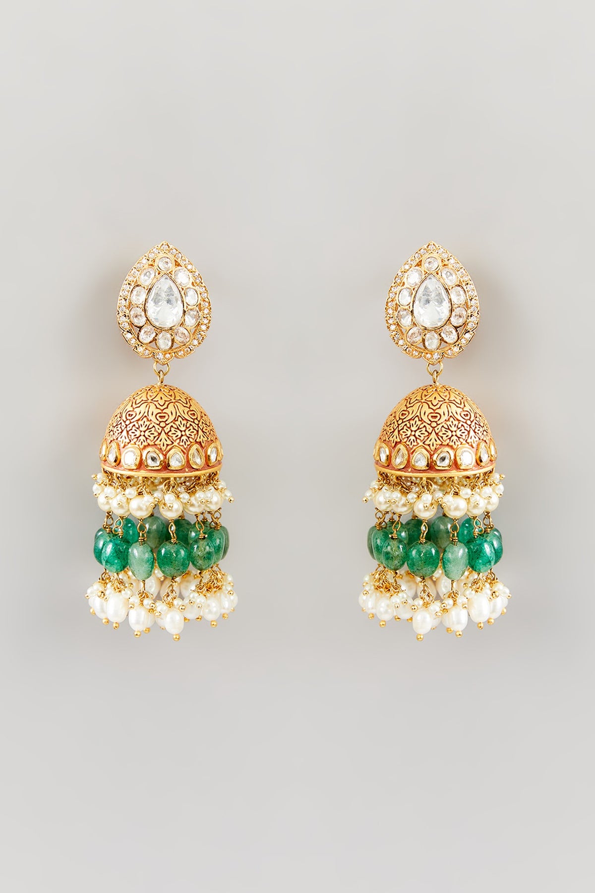 Gold Finish Kundan Polki & Pearl Jhumka Earrings