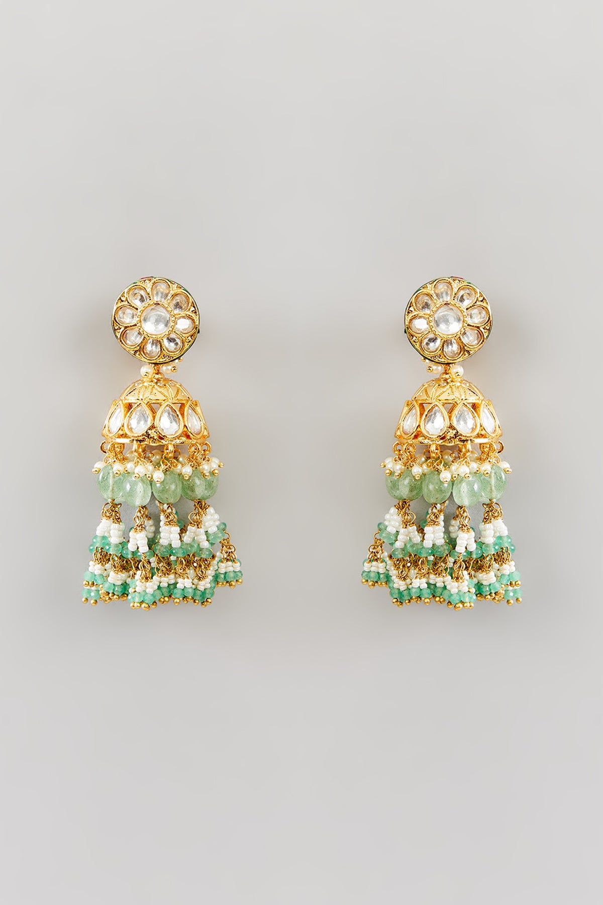 Gold Finish Kundan Polki & Pearl Jhumka Earrings