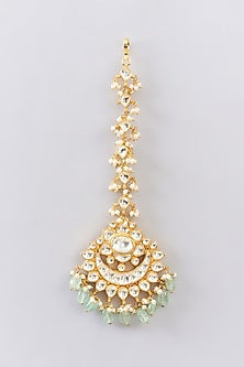 Gold Finish Kundan Polki & Green Onyx Maangtikka