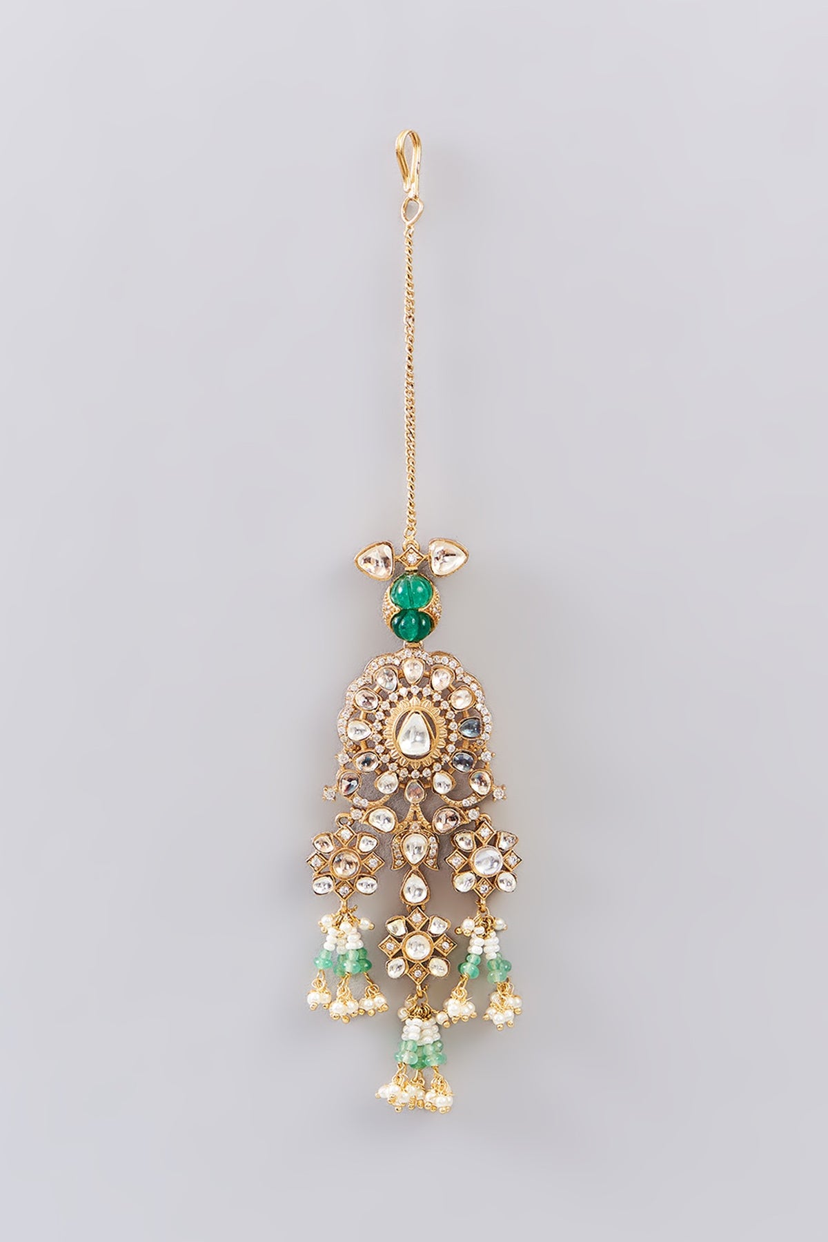 Gold Finish Kundan Polki & Green Drop Maangtikka