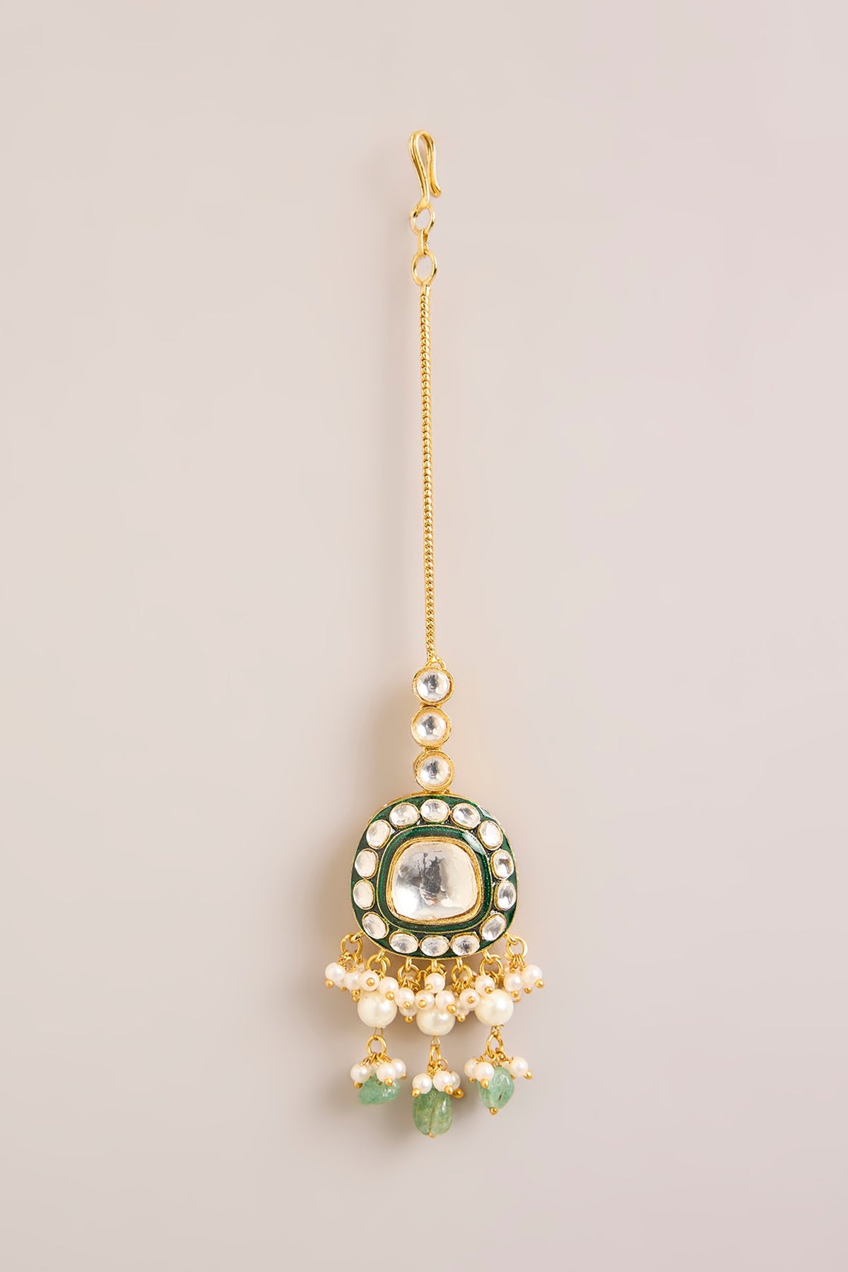Gold Finish Kundan Polki & Green Stone Maangtikka