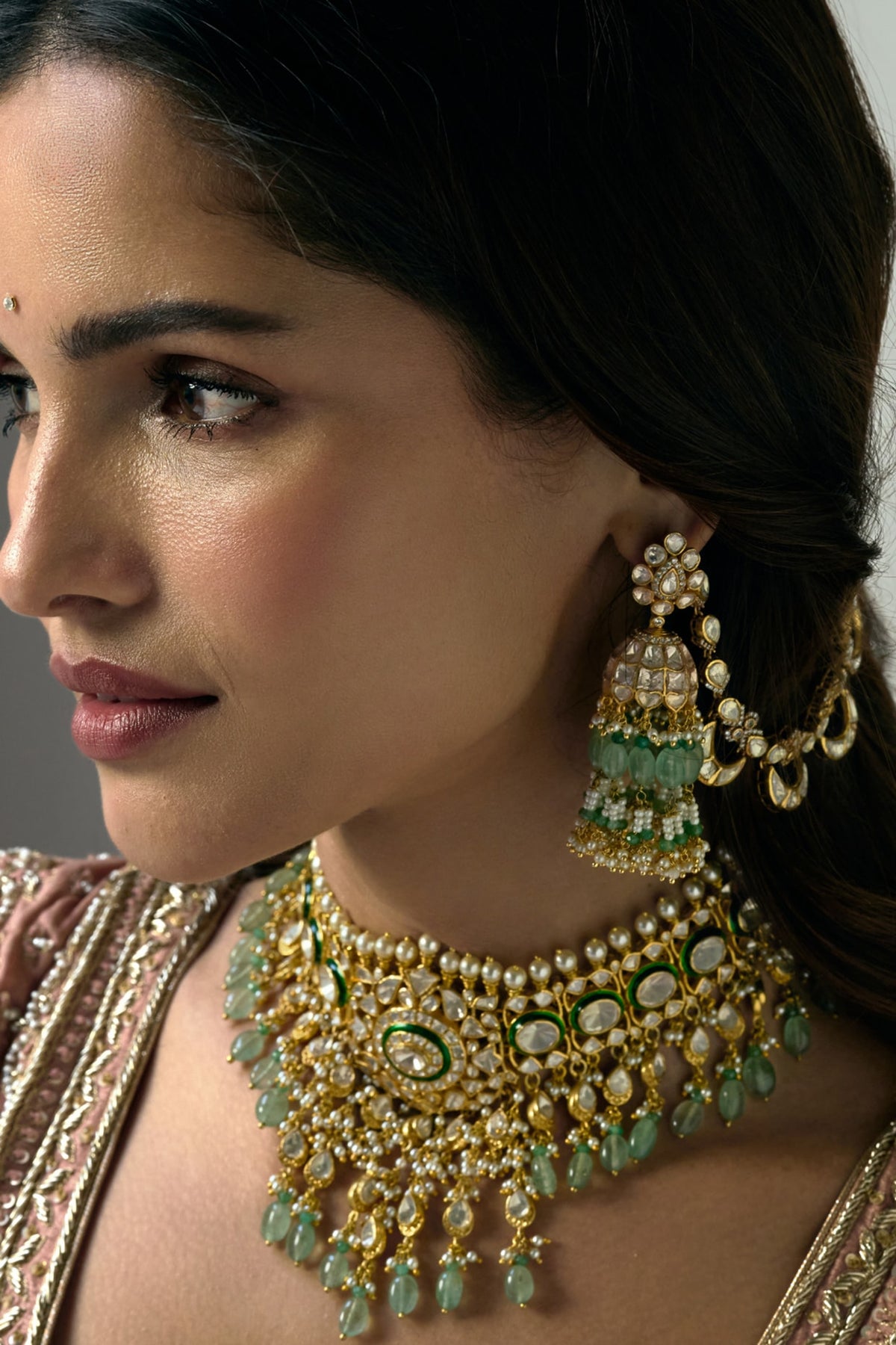 Gold Finish Green Onyx & Pearl Jhumka Earrings