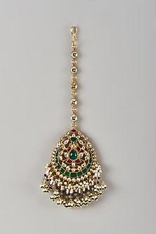 Gold Finish Kundan Polki & Multi-Colored Stone Maangtikka