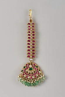 Gold Finish Kundan Polki & Multi-Colored Stone Maangtikka