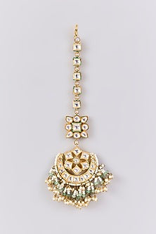 Antique Gold Finish Kundan Polki & Pearl Maangtikka