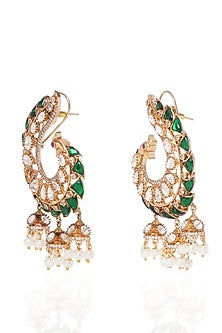 Gold Plated Pearl & Green Stone Stud Earrings