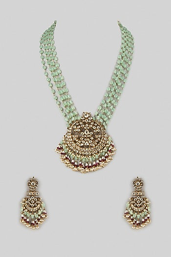 Gold Finish Mint Kundan Polki Long Pendant Necklace Set