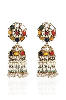 Gold Plated Green Onyx & Pearl Jhumka Earrings