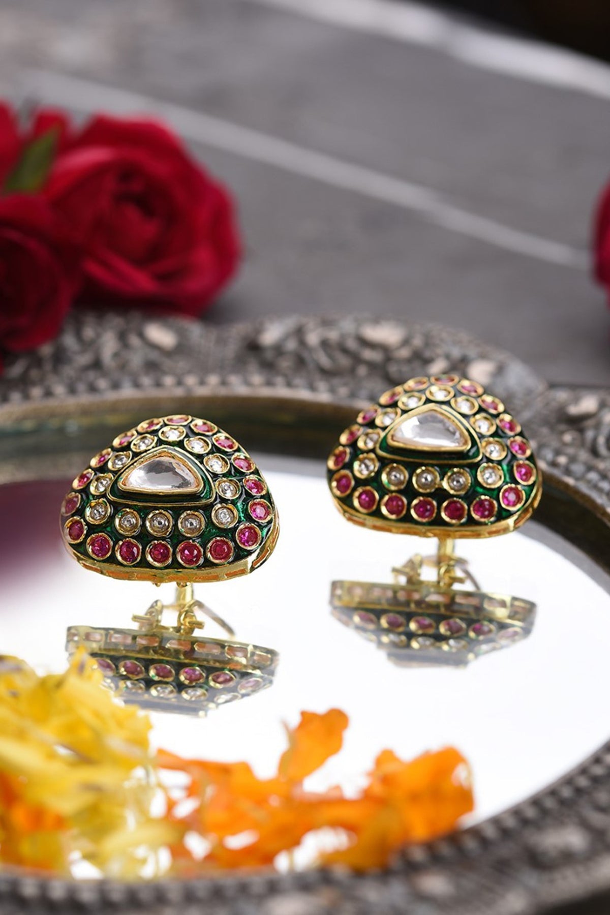 Gold Plated Red & Green Zircon Stud Earrings