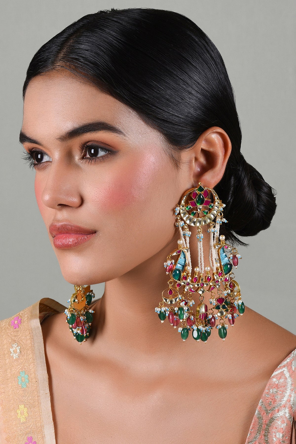 Gold Plated Green Onyx & Pink Pearl Dangler Earrings