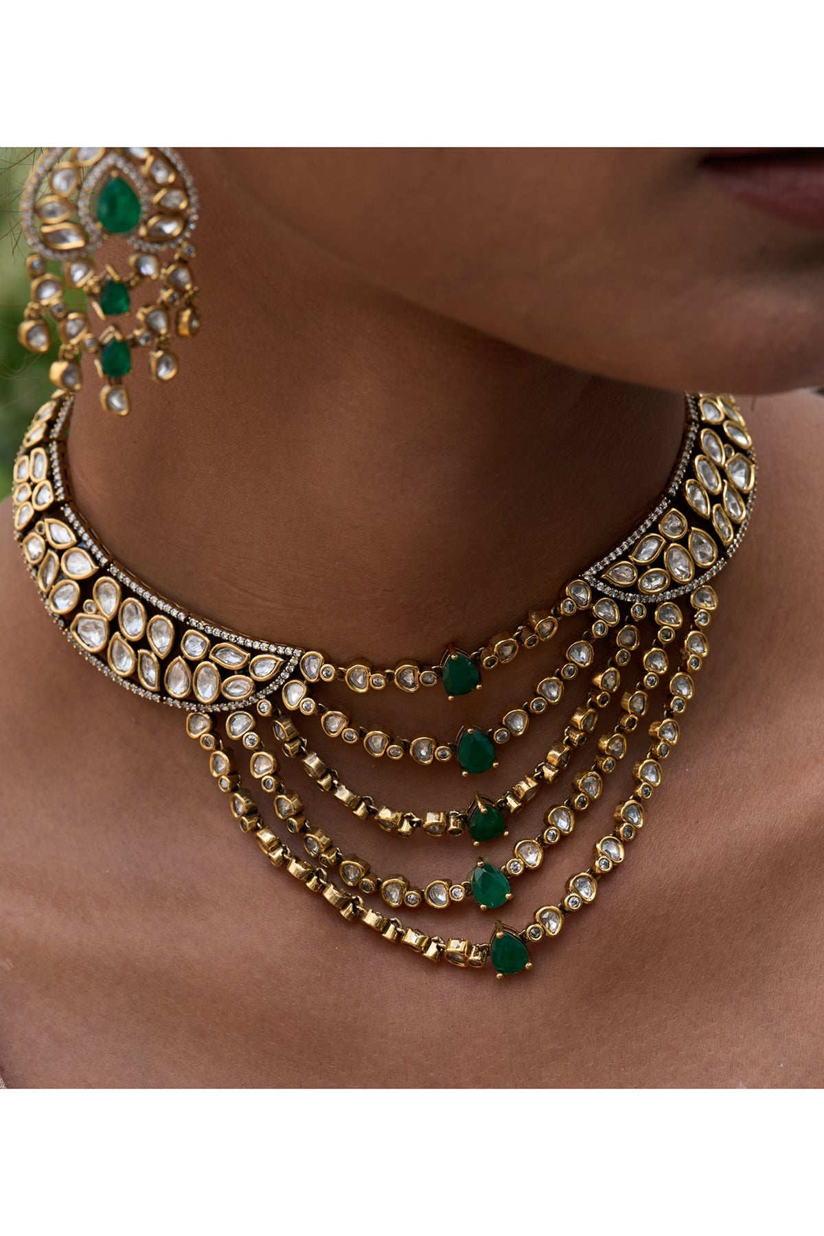 Antique Gold Finish Green Kundan Polki Necklace Set