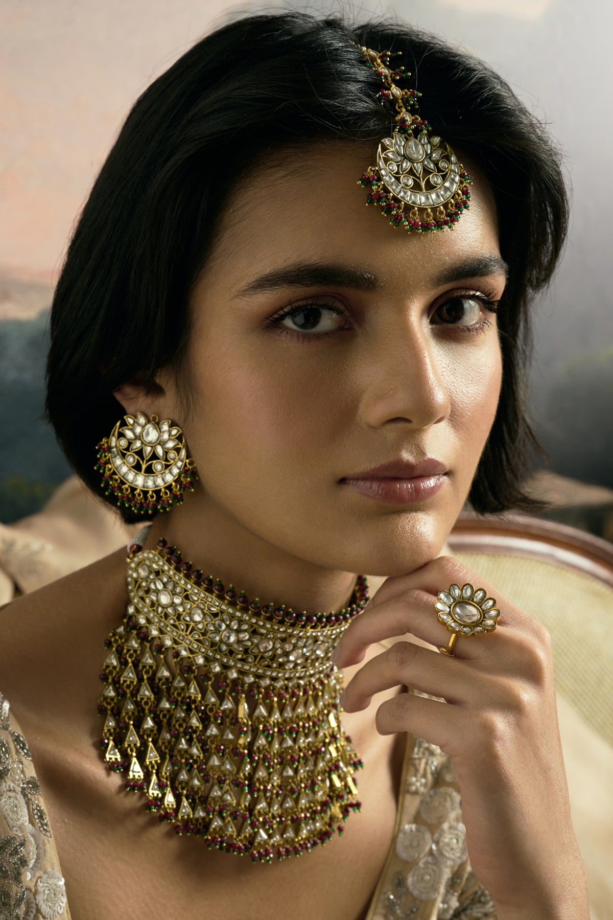Gold Finish Green Kundan Polki Necklace Set