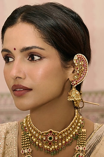 Gold Finish Red Kundan Polki Jhumka Earrings