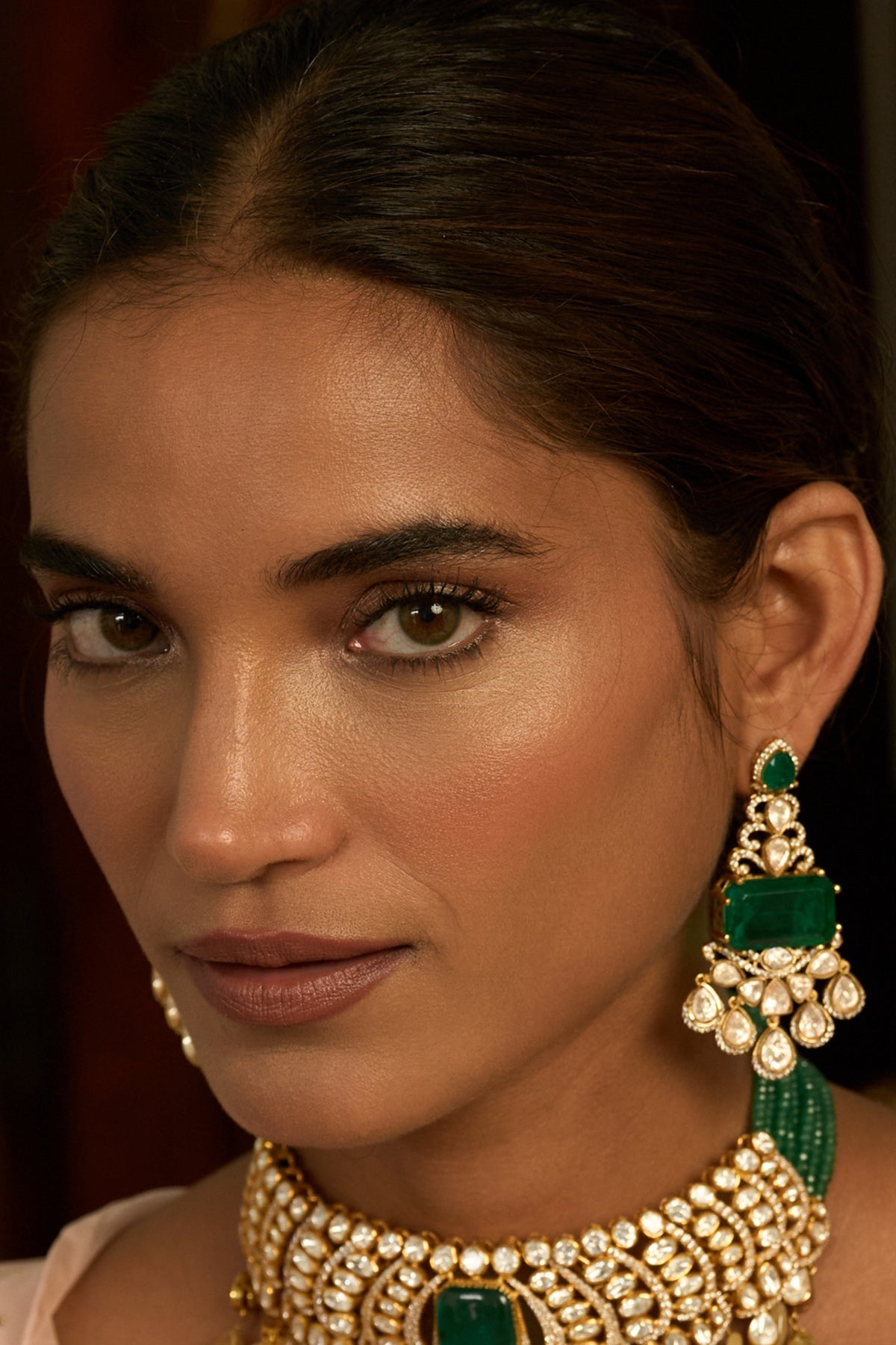 Gold Finish Green Kundan Polki Dangler Earrings