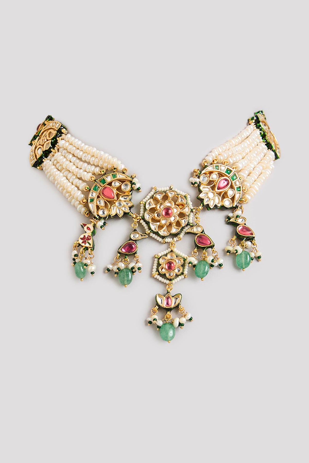 Gold Finish Emerald Stone & Beaded Choker Necklace