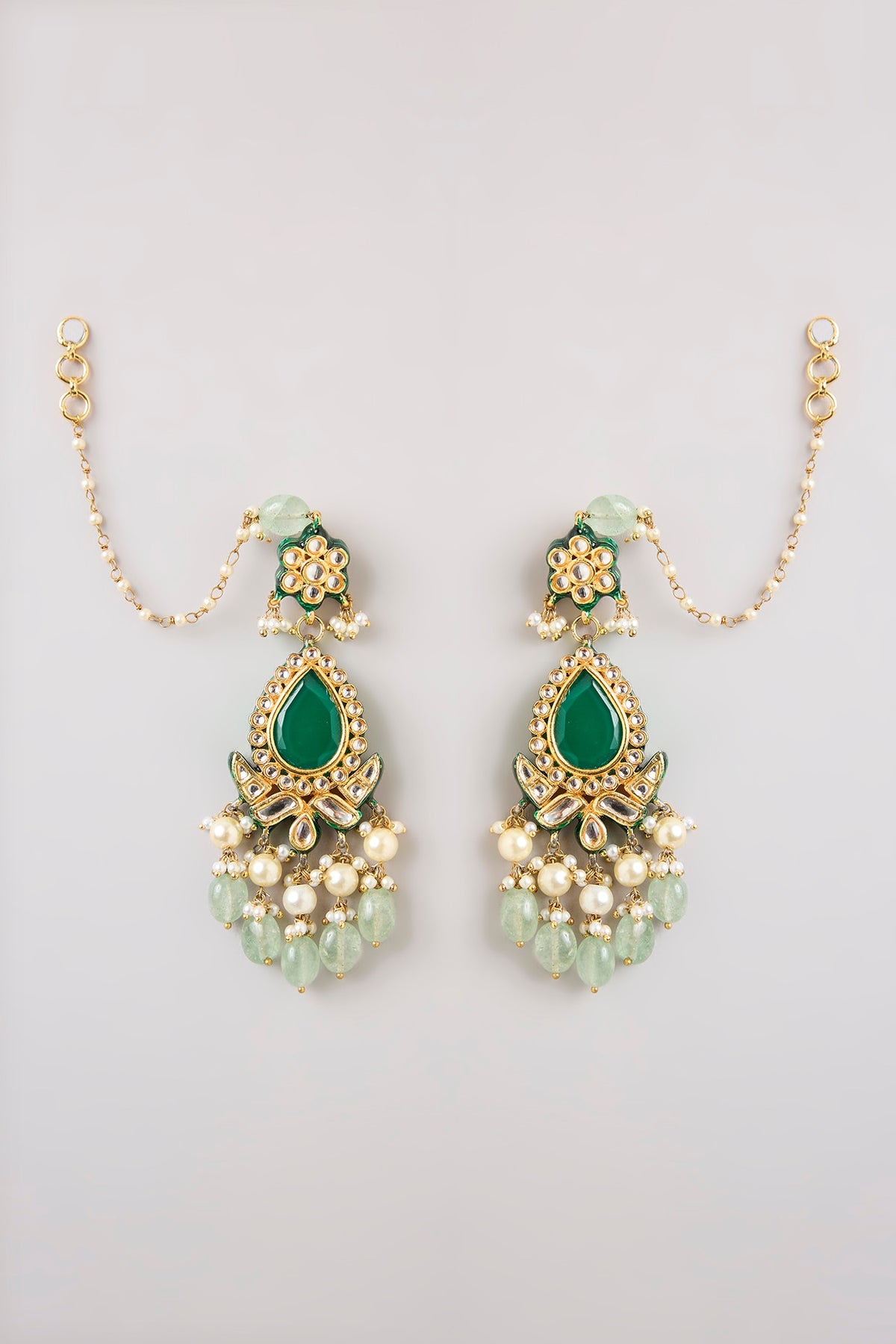 Gold Finish Kundan Polki & Green Stone Dangler Earrings