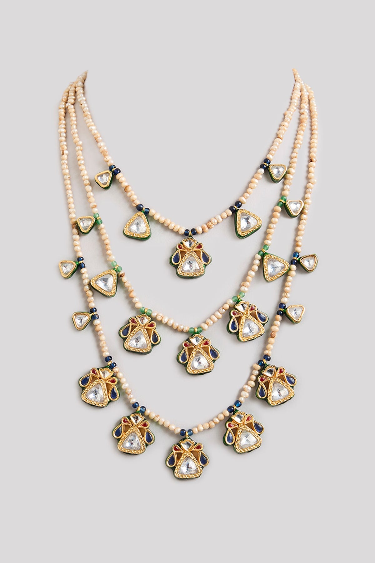 Gold Finish Kundan Polki & White Beaded Layered Necklace