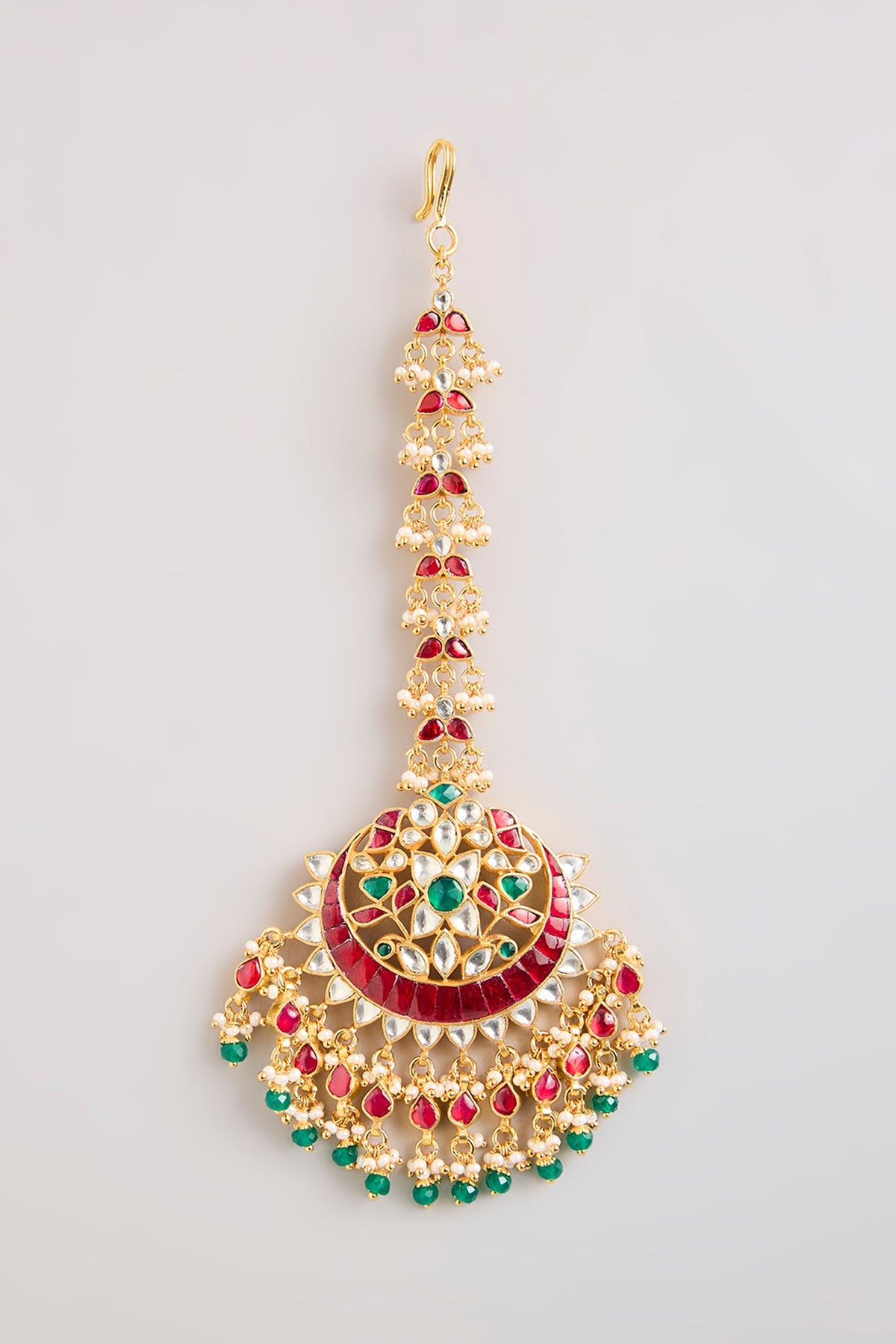 Gold Finish Kundan Polki & Green Beaded Maangtikka