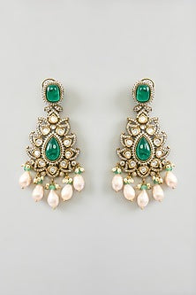 Gold Finish Green Kundan Polki & Pearl Drop Necklace Set