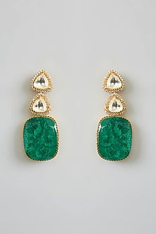Gold Finish Moissanite Polki & Green Onyx Drop Long Necklace Set