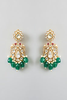 Gold Finish Kundan Polki & Green Onyx Drop Necklace Set