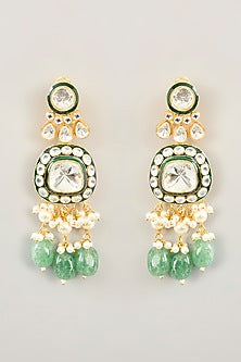 Gold Finish Kundan Polki & Green Onyx Drop Choker Necklace Set