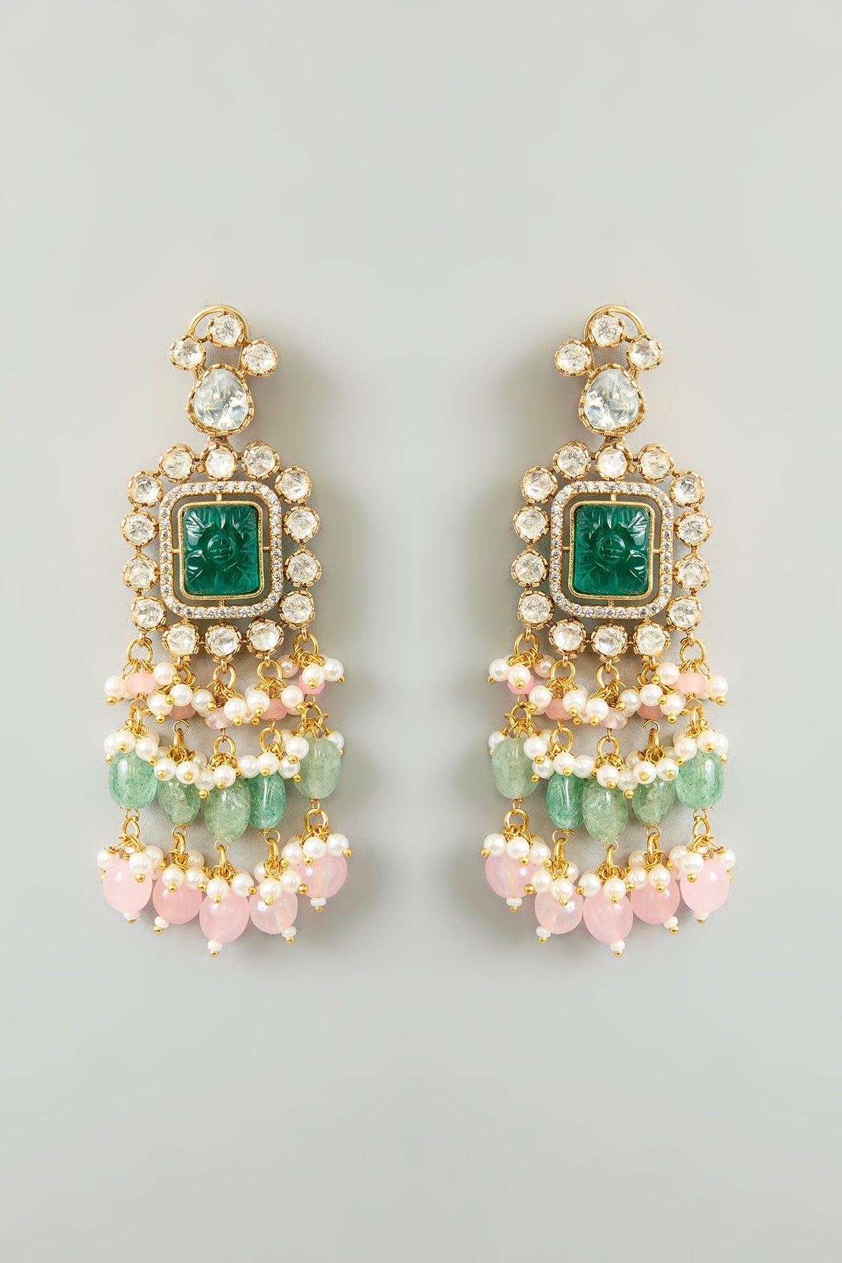 Gold Finish Kundan Polki & Green Onyx Drop Choker Necklace Set
