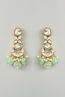 Gold Finish Kundan Polki & Green Onyx Drop Necklace Set