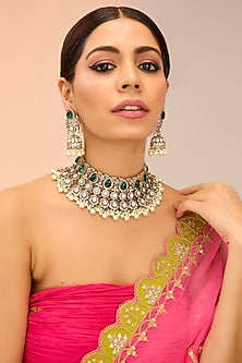 Gold Finish Green Kundan Polki Necklace Set