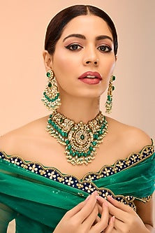 Gold Finish Green Kundan Polki Necklace Set