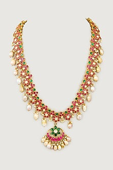 Gold Finish Red & Green Kundan Polki Long Necklace